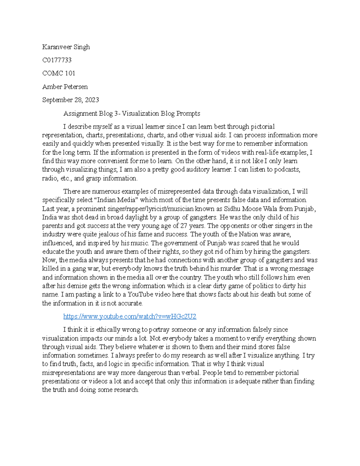 Blog Assignment 3 - docx - Karanveer Singh C COMC 101 Amber Petersen ...