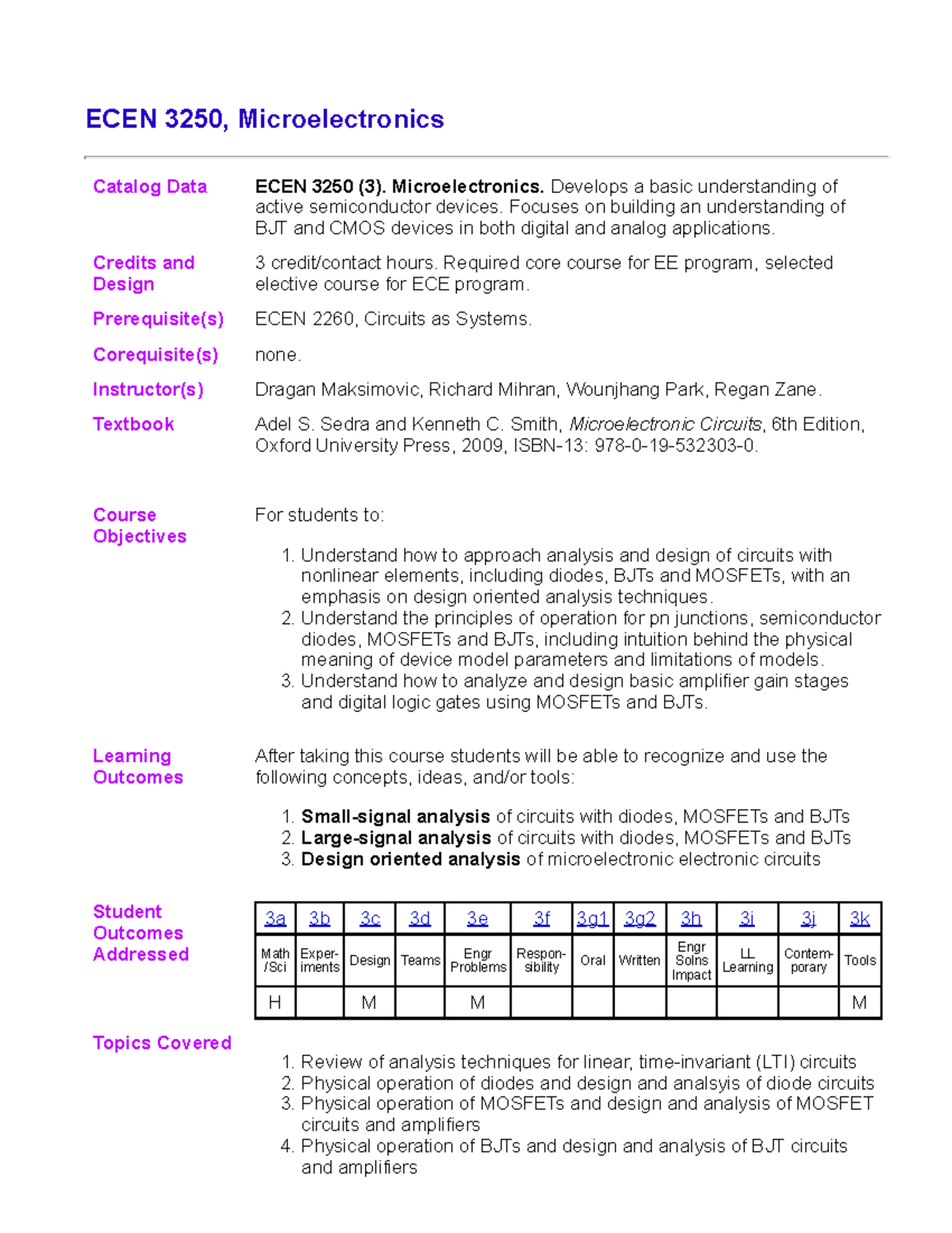 ECEN 3250, Microelectronics, Course Syllabus2 ECEN 3250