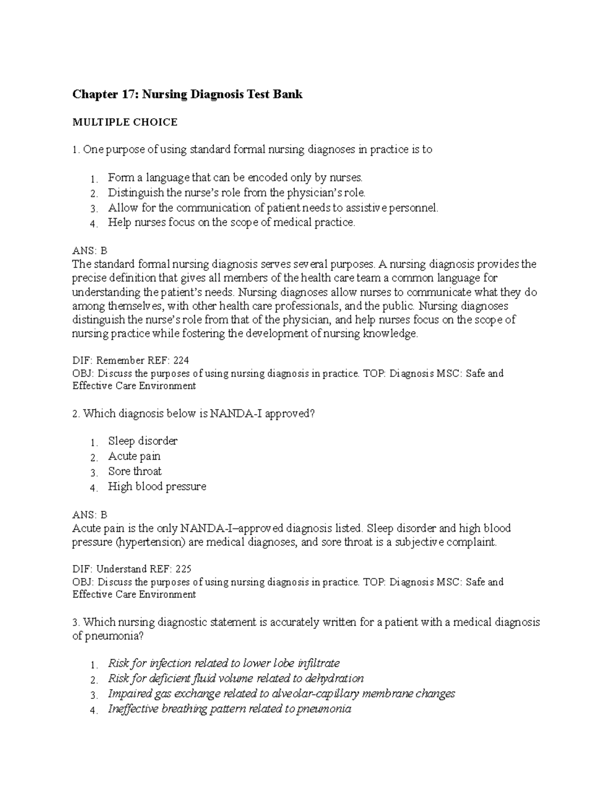 Nursing diagnosis - lecture notes - Chapter 17: Nursing Diagnosis Test ...