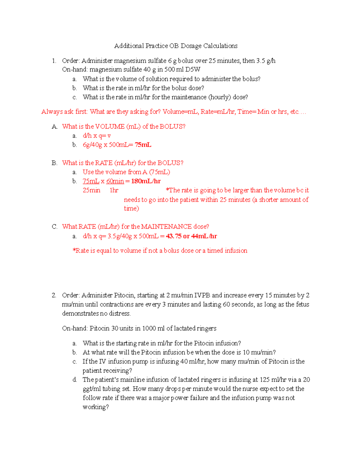 Additional Practice OB Dosage Calculations Answers Additional 