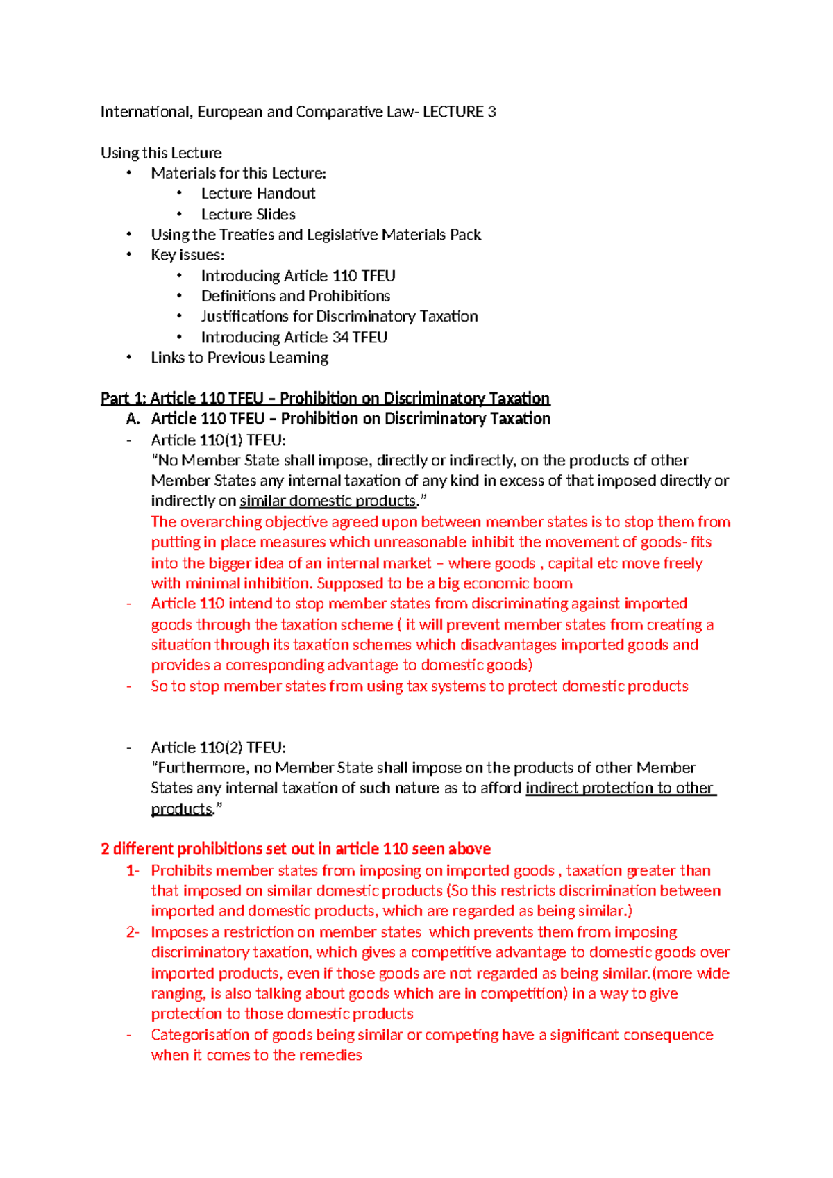 Lecture 3 notes EU - International, European and Comparative Law ...