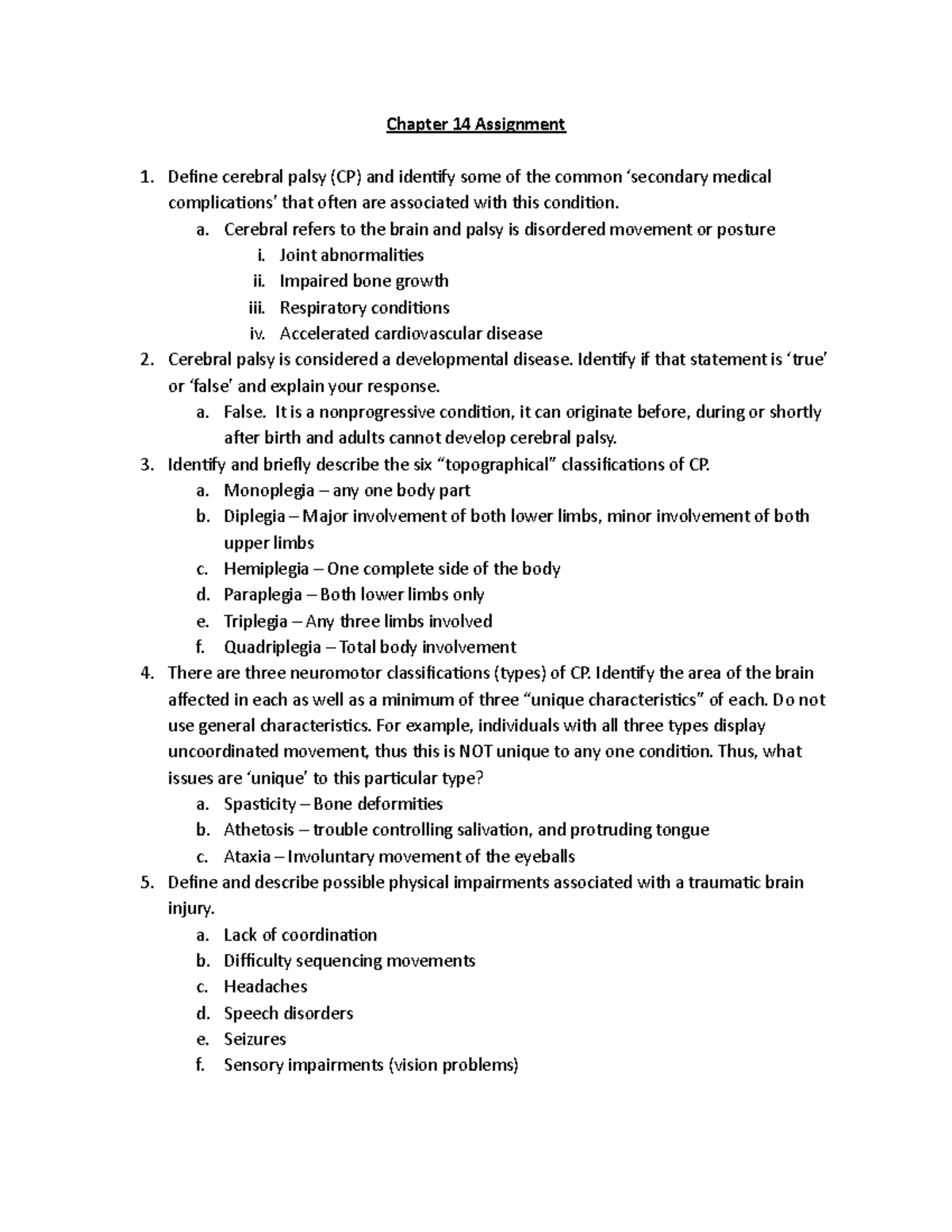 Chapter 14 Assignment - Chapter 14 Assignment Define cerebral palsy (CP ...