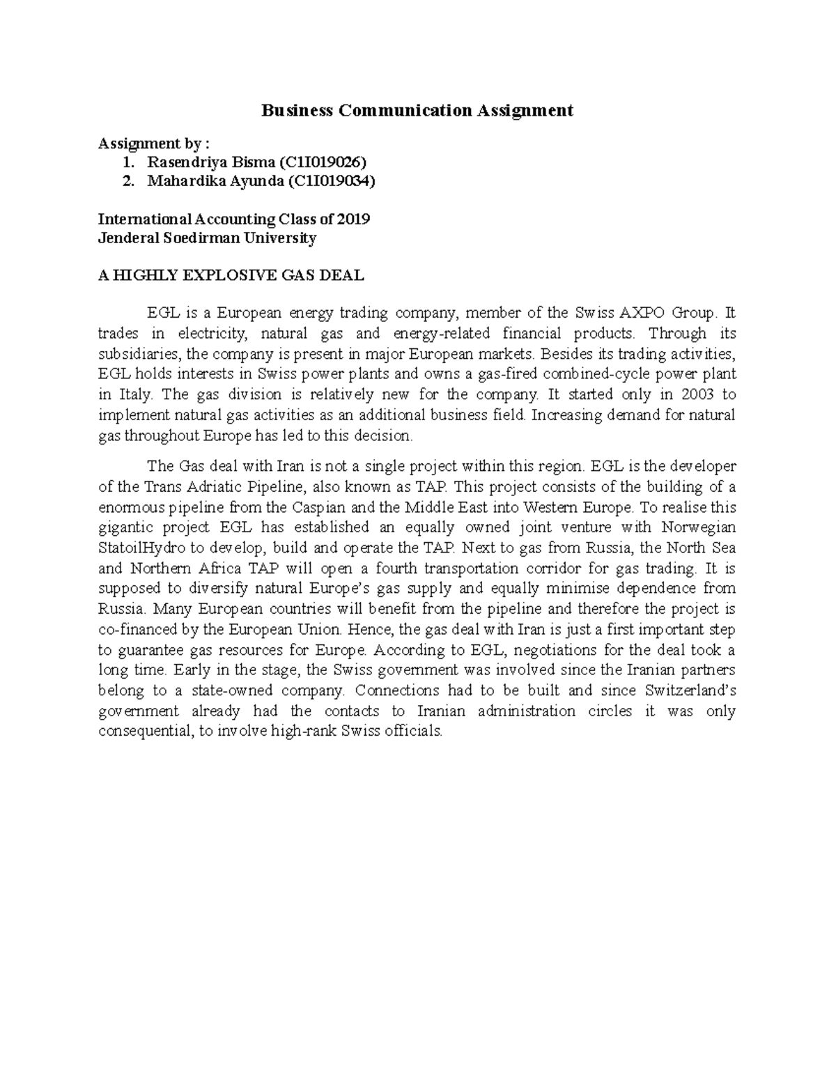 Business Communication Assignment Case Gas Deal - Business ...