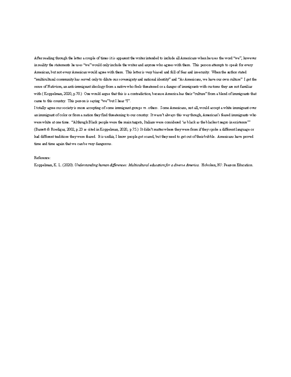 Hum Resp Week 3 - Humanities 370: Cultural Pluralism - After reading ...