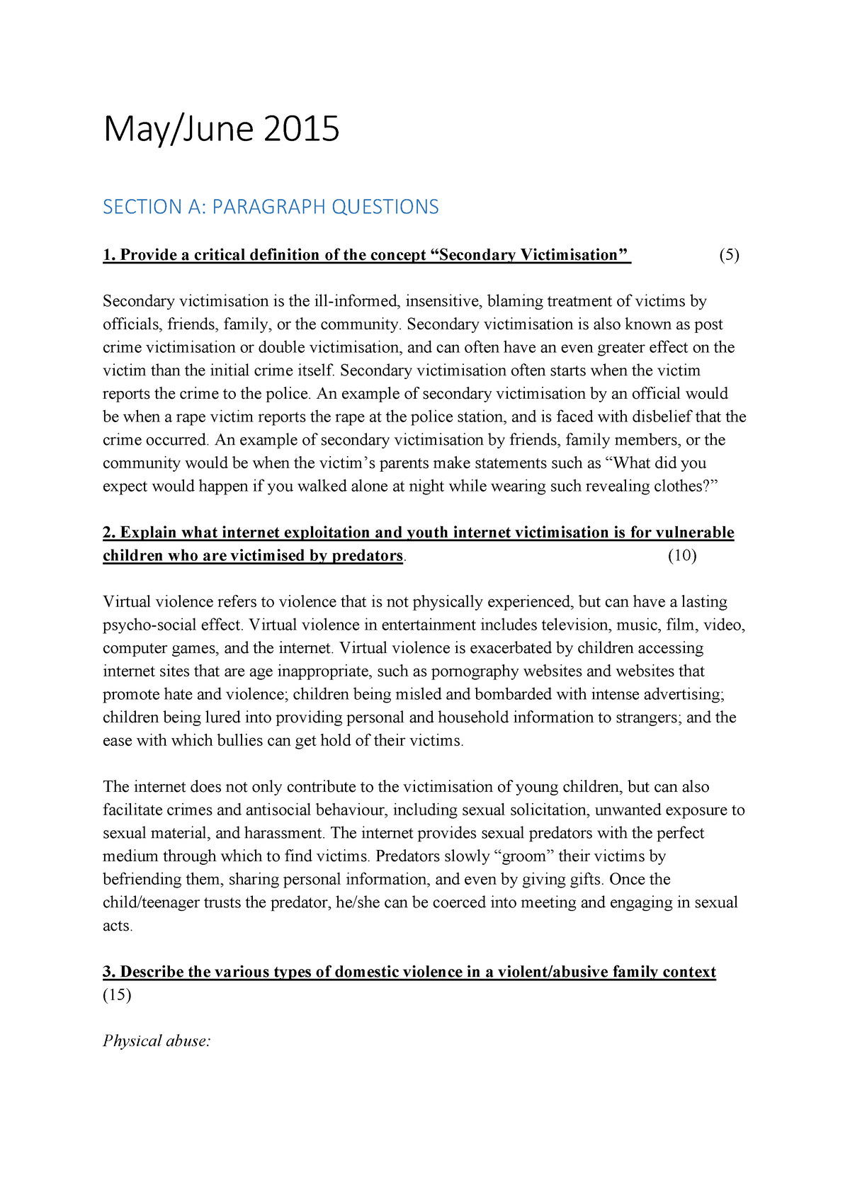 Exam Questions And Answers May June 2015 SECTION A PARAGRAPH 