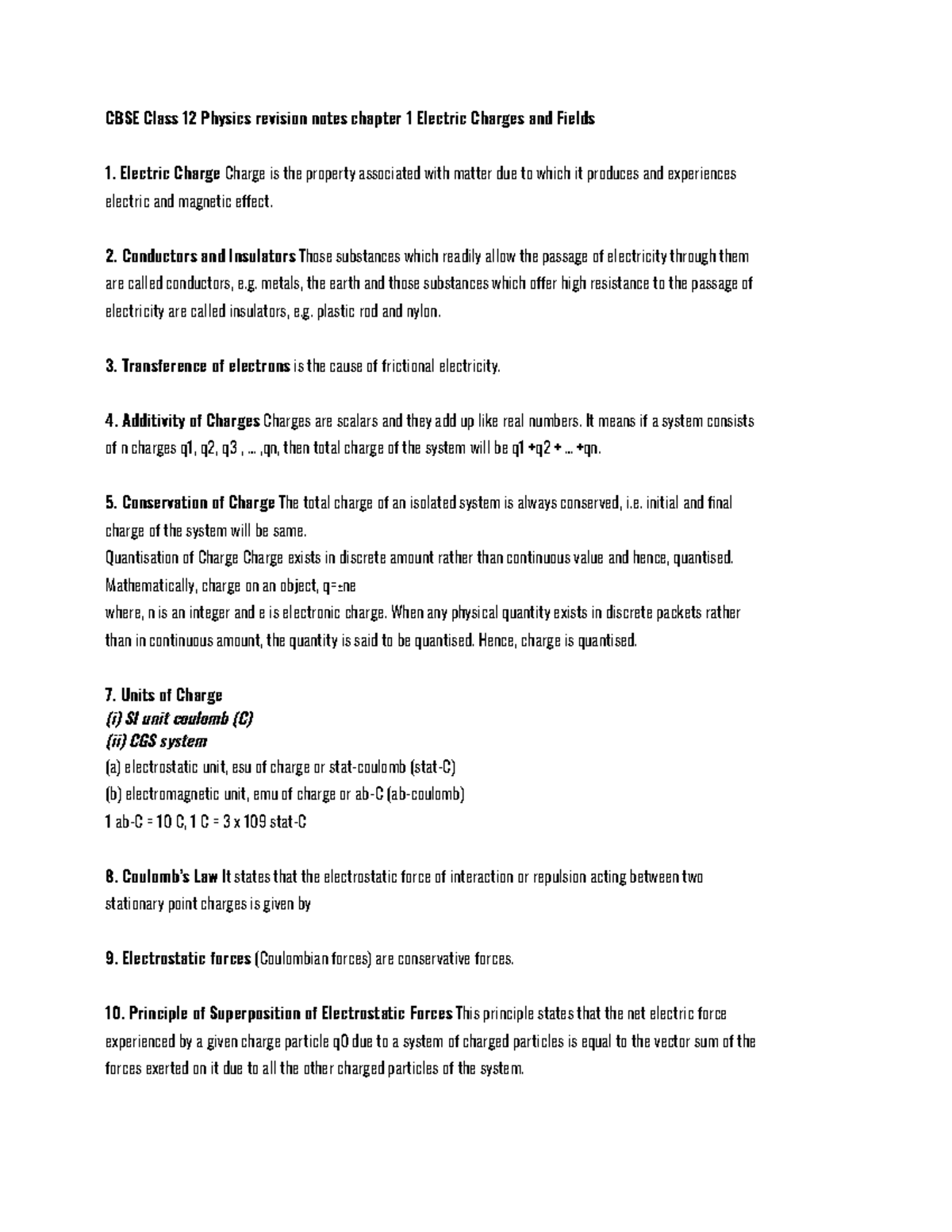 1 Electric Charges and Fields - CBSE Class 12 Physics revision notes ...