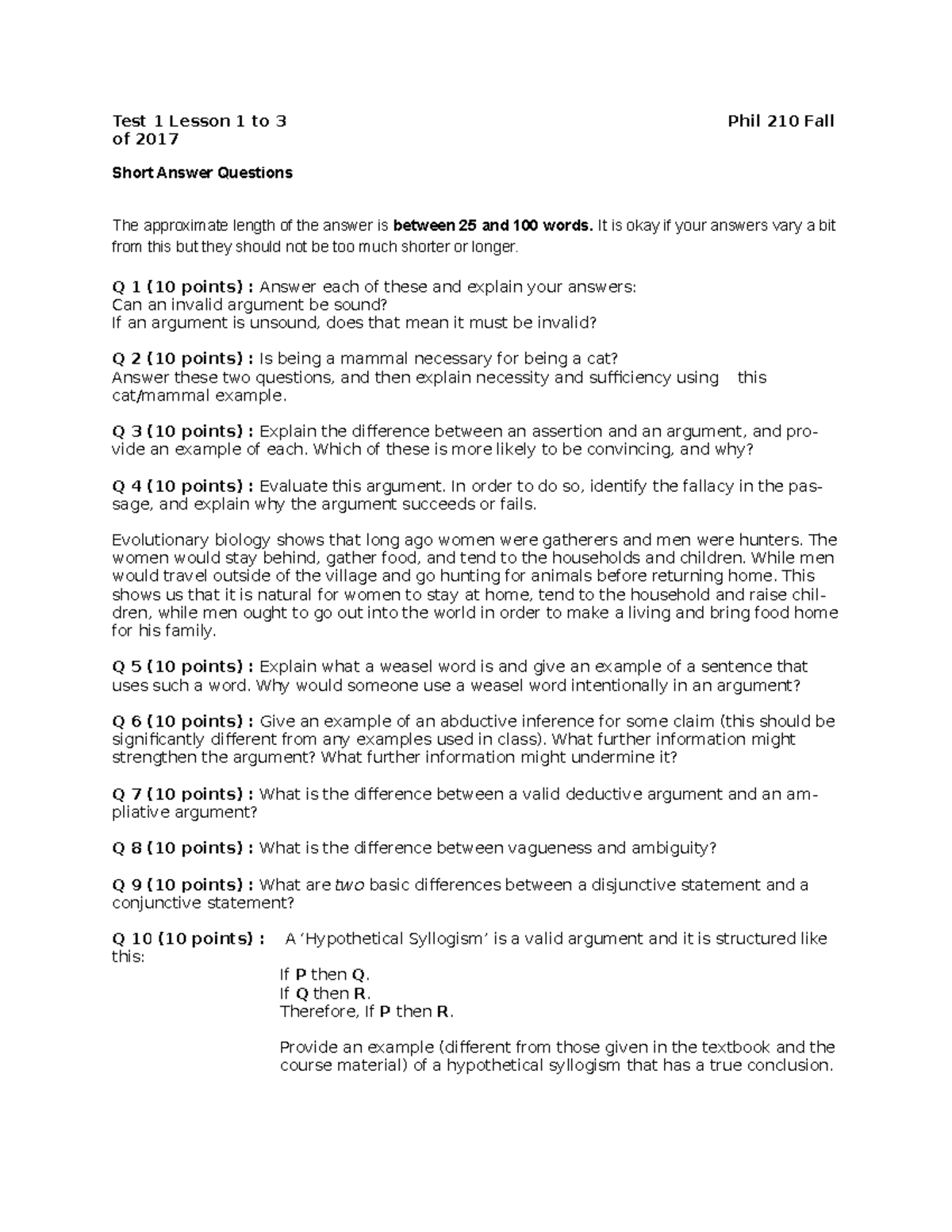 Exam 11 October 17 Questions Test 1 Lesson 1 To 3 Phil 210 Fall Of 17 Short Answer Questions Studocu