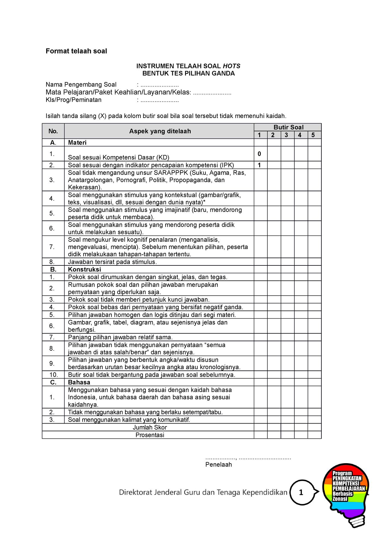 1. Instrumen Analisis Kualitatif Soal - Format Telaah Soal INSTRUMEN ...