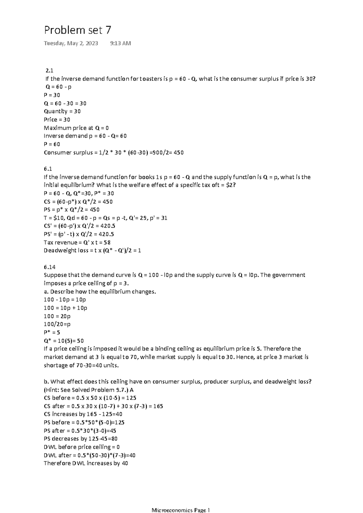Problem set 7 2. If the inverse demand function for toasters is p