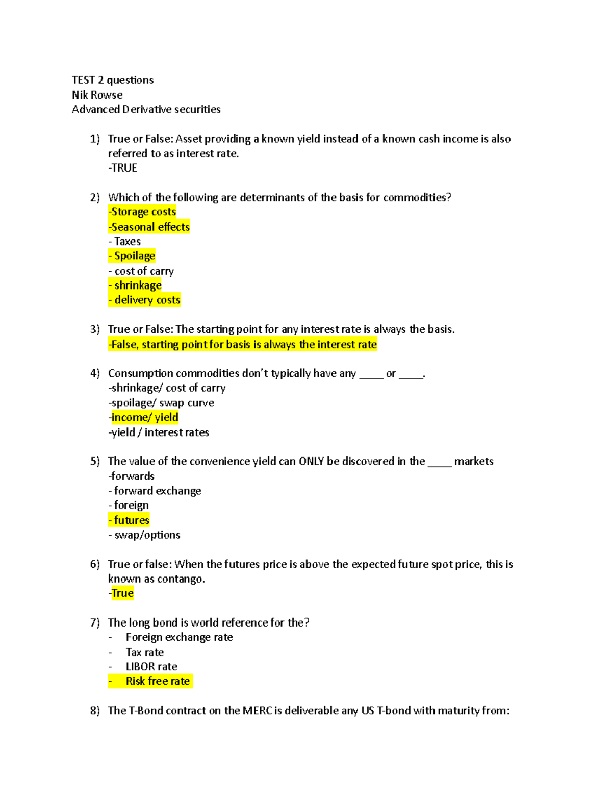 TEST 2 questions Derivatives - TEST 2 questions Nik Rowse Advanced ...