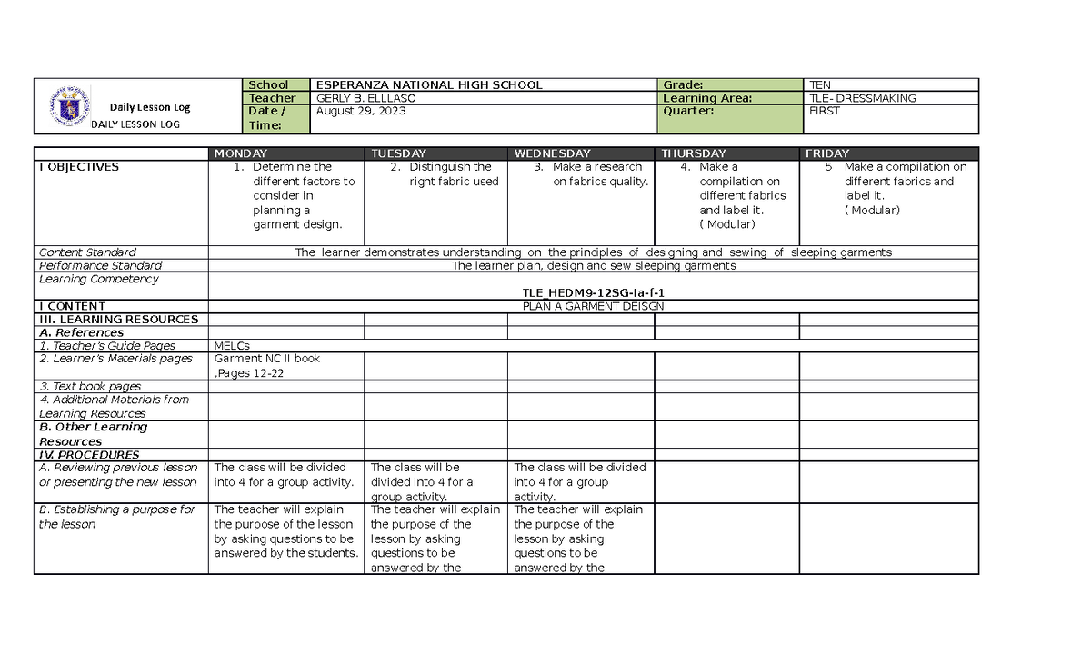 Daily Lesson Log In TLE 10 - Dressmaking - School ESPERANZA NATIONAL ...