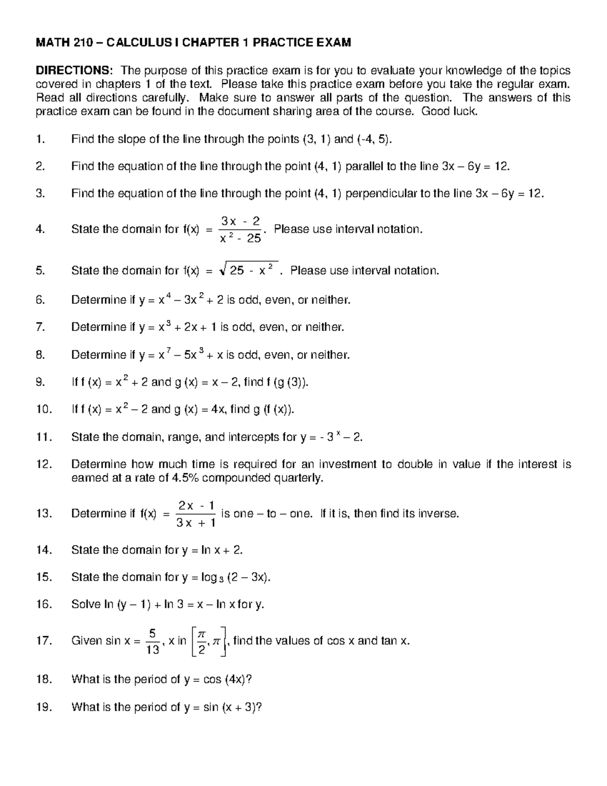 Math 210 Calculus I Chapter 1 Practice exam - MATH 210 – CALCULUS I ...