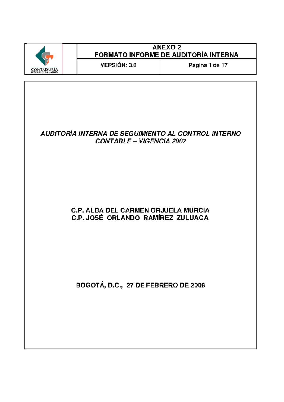Auditoria control interno - FORMATO INFORME DE AUDITORÍA INTERNA ...