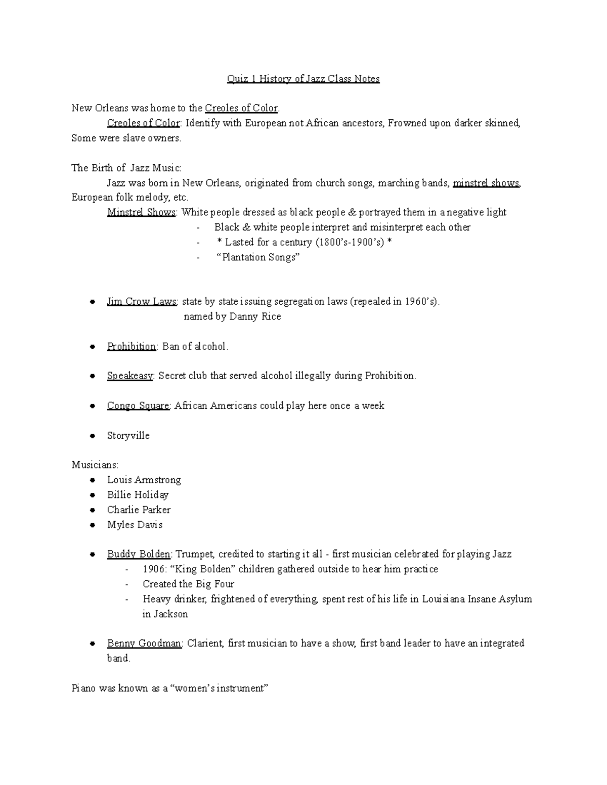 Quiz 1 History of Jazz Class Notes Creoles of Color Identify with