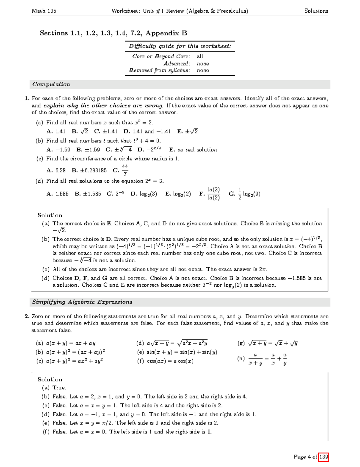 Worksheet Master Sols - Sections 1, 1, 1, 1, 7, Appendix B Difficulty 