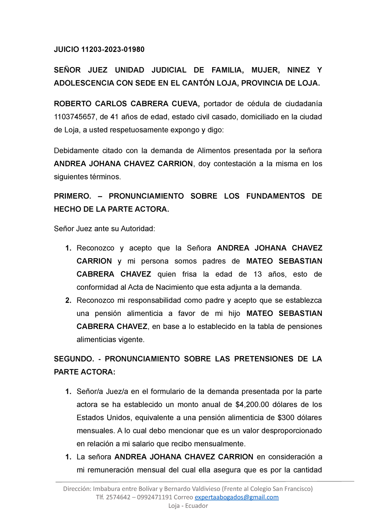 Contestacion A La Demanda Juicio 11203 2023 SeÑor Juez Unidad Judicial De Familia Mujer 8998