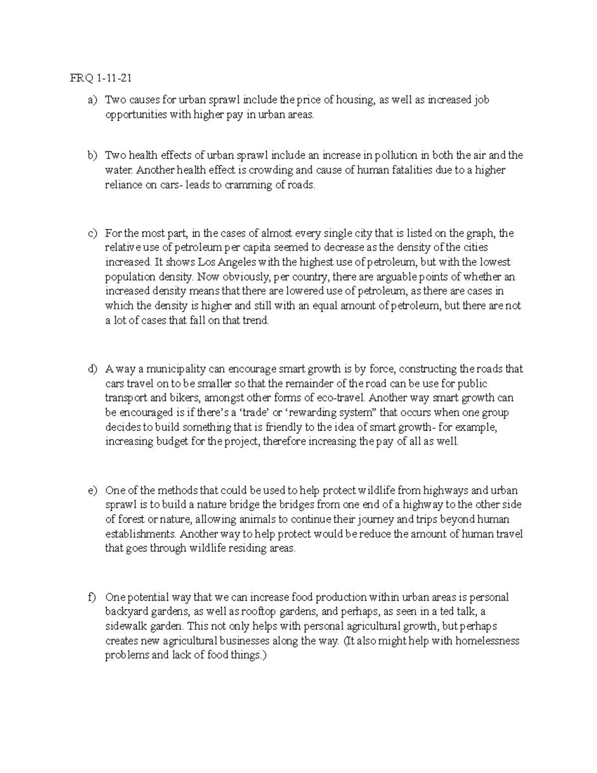 Quiz practice material - FRQ 1-11- a) Two causes for urban sprawl ...
