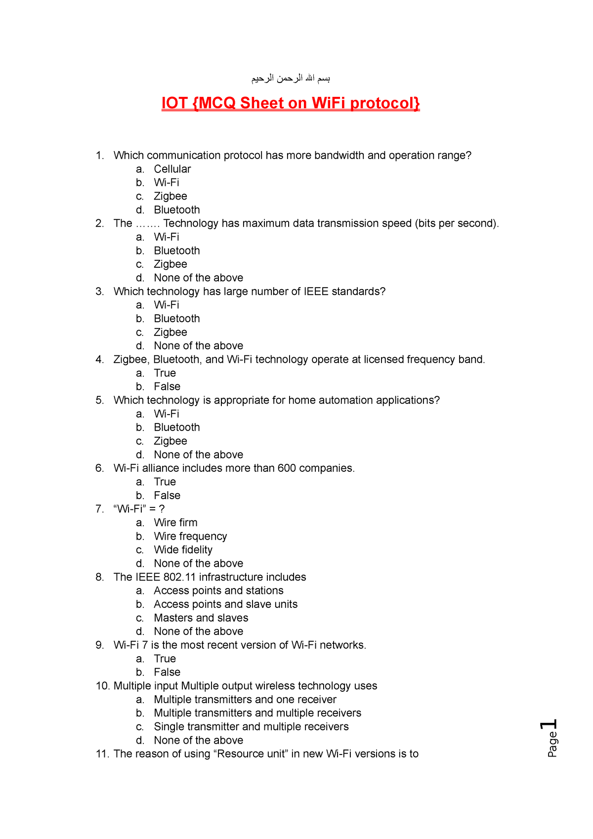 Mcq Sheet Wi Fi - Klklklkkiiio - بسم ال الرحمن الرحيم Iot {mcq Sheet On 