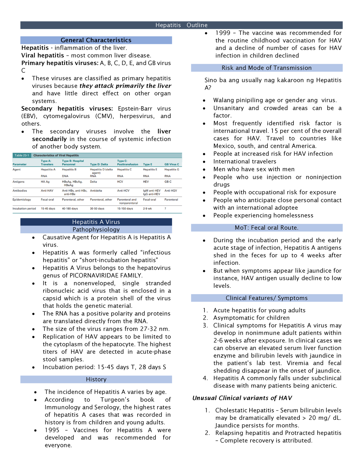 Hepatitis Outline - Hepatitis Outline General Characteristics Hepatitis ...