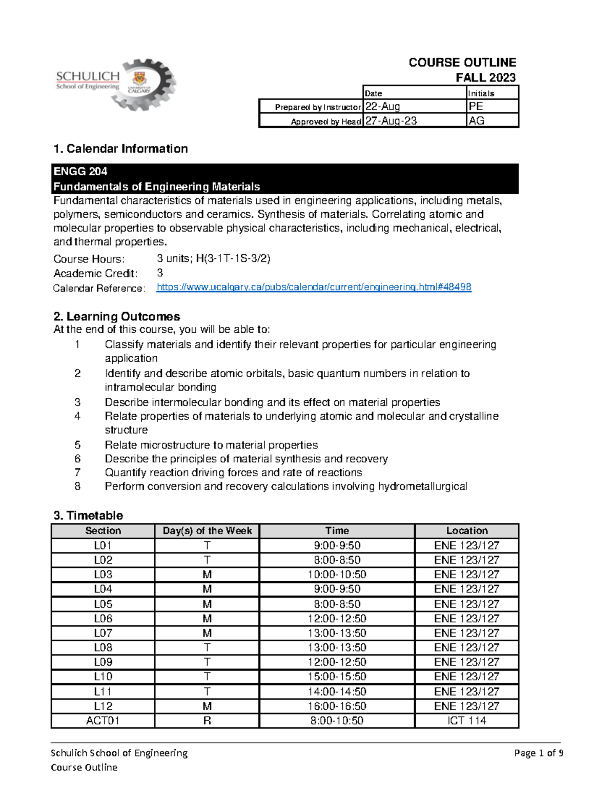 ENGG204-FALL2023-Course Outline - Initials PE AG Course Hours: Calendar ...