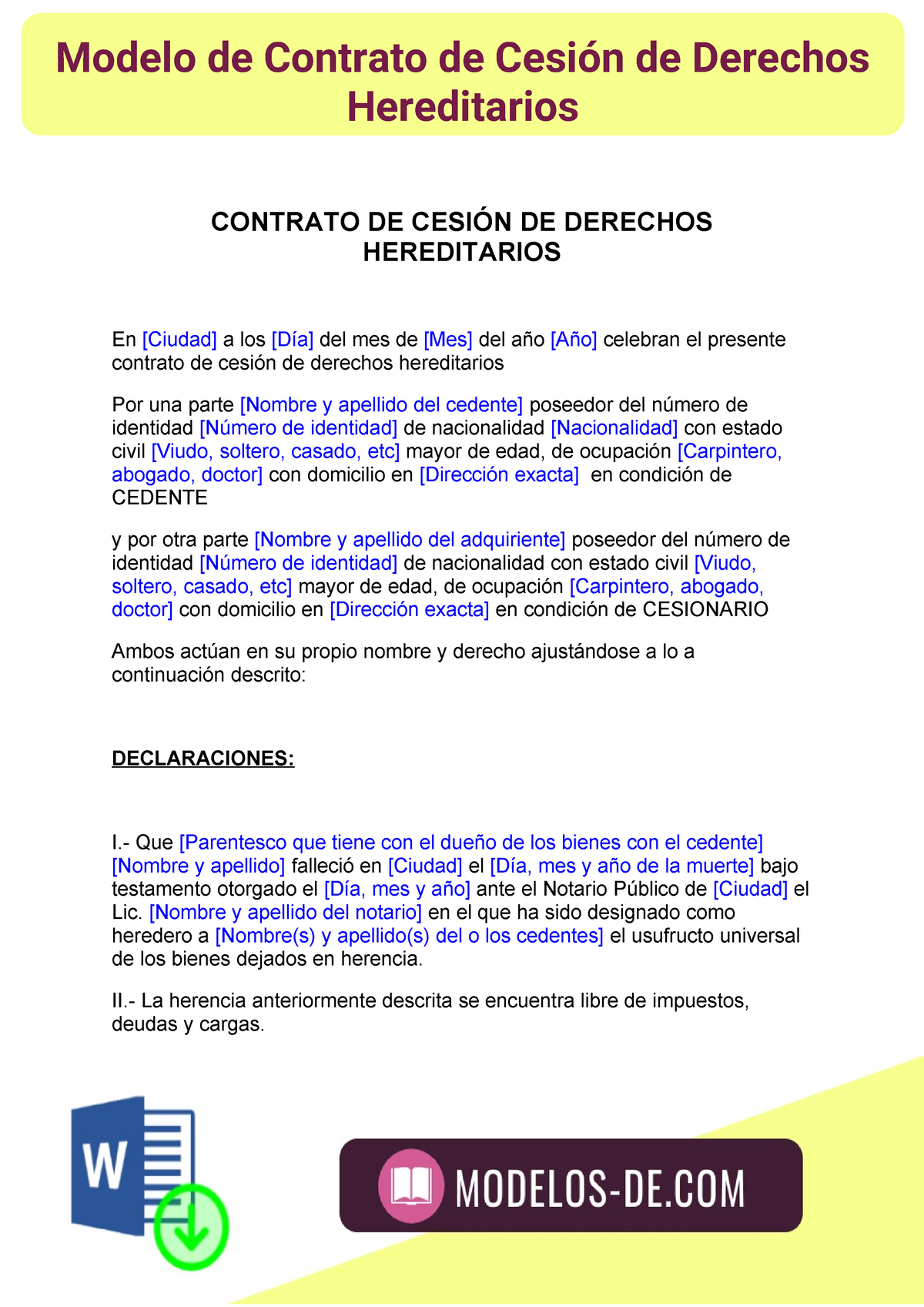 Modelo De Contrato De Cesión De Derechos Hereditarios Contrato De CesiÓn De Derechos 9398