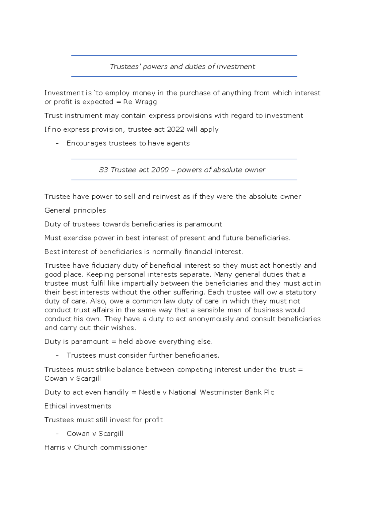 Trustees’ powers and duties of investment - Equity - Trustees’ powers ...