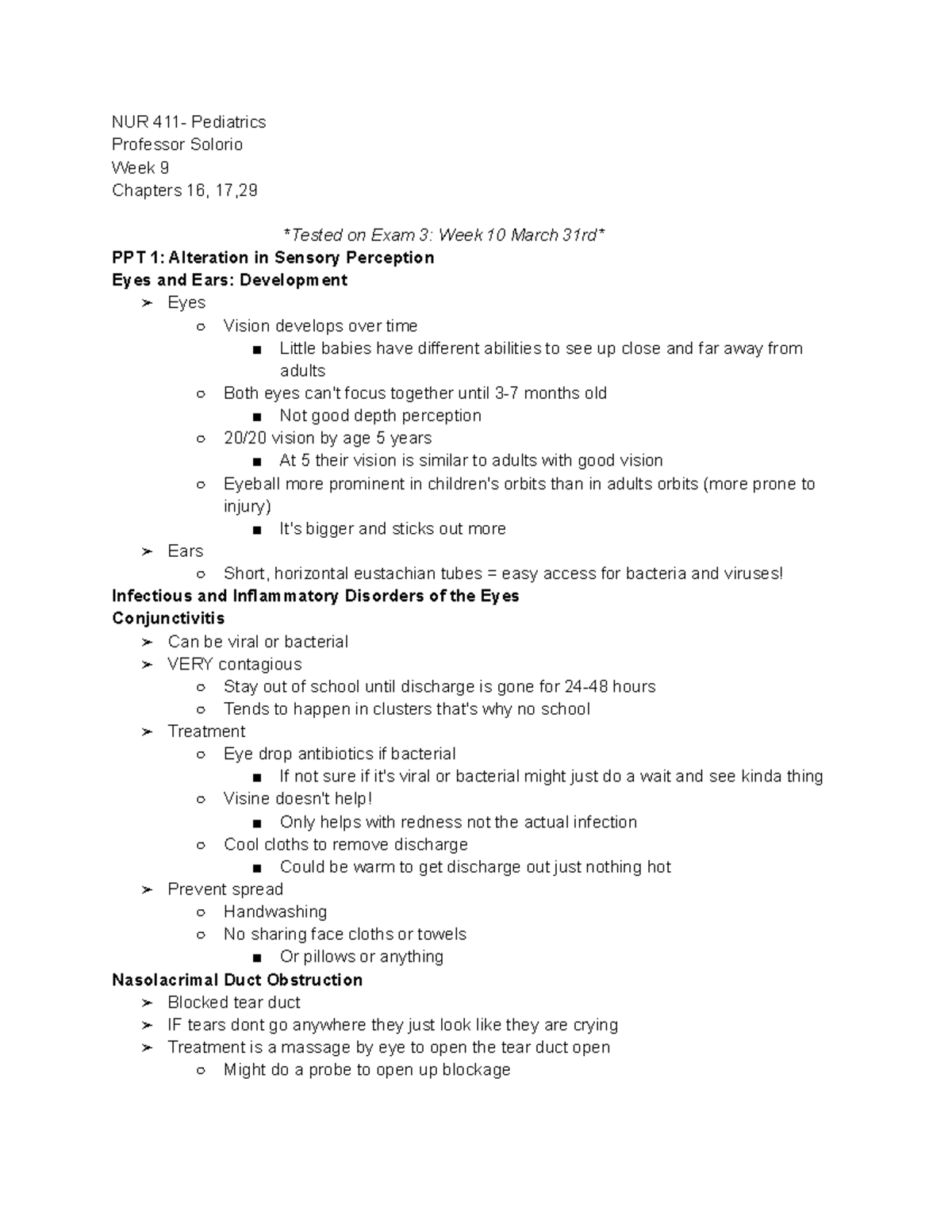 Nur 411 Week 9 Pediatric Nursing Notes Nur 411 Pediatrics Professor Solorio Week 9