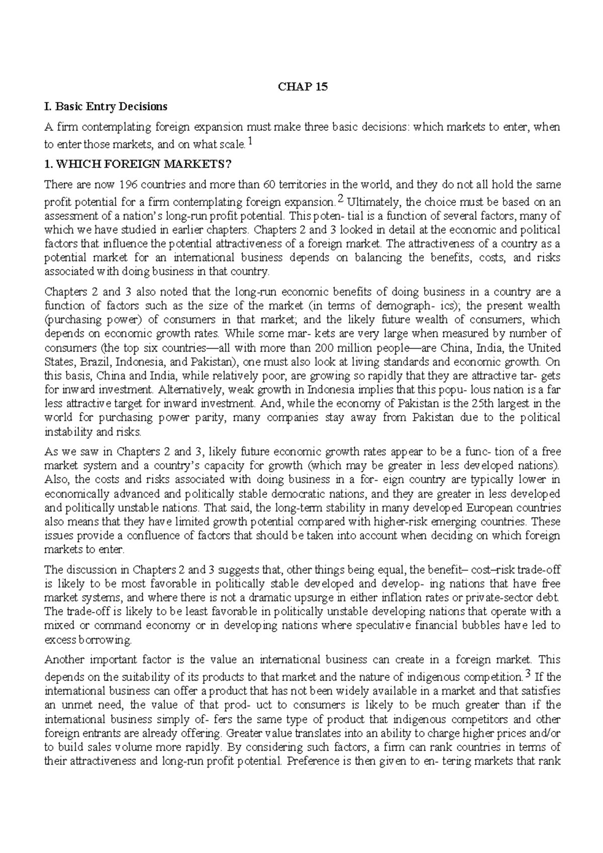 CHAP 15 - chap 15 - CHAP 15 I. Basic Entry Decisions A firm ...