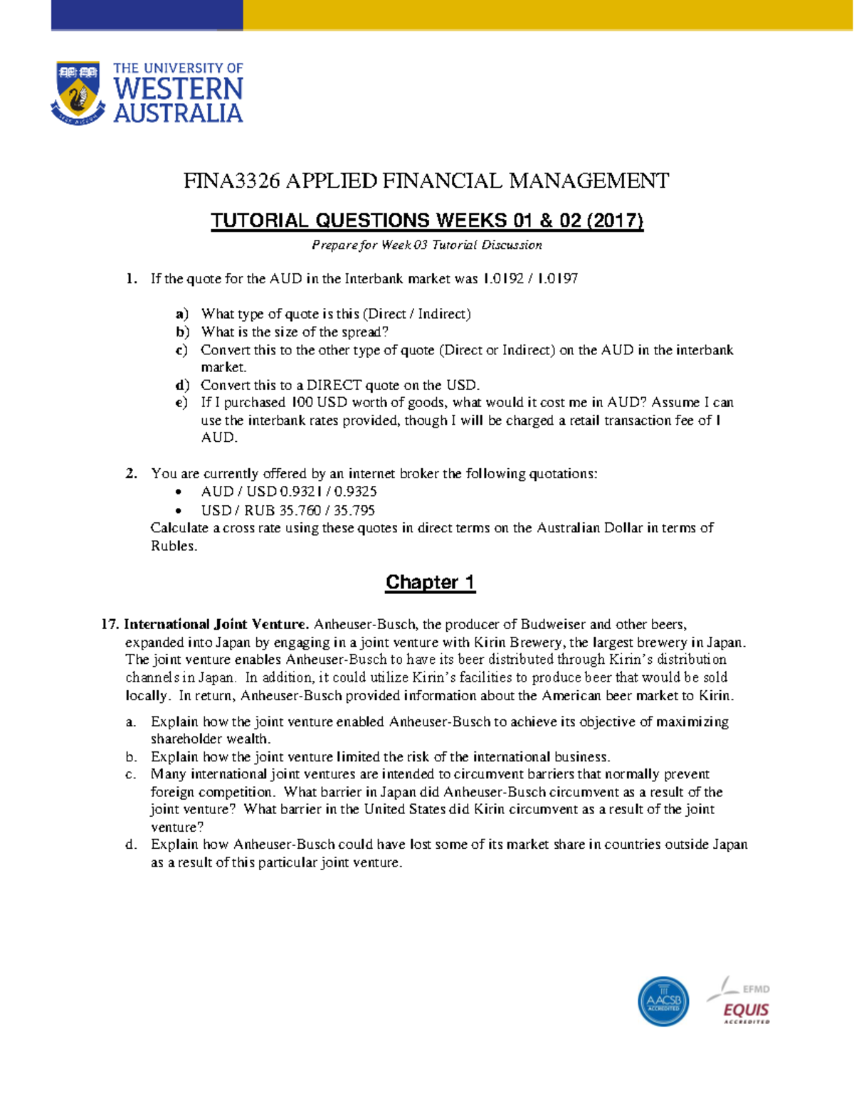 Tutorial Questions 01 2017 - FINA3326 APPLIED FINANCIAL MANAGEMENT ...