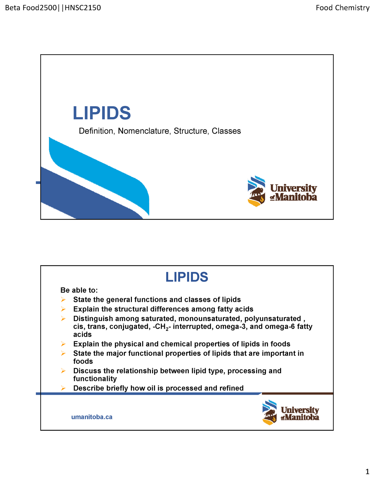 Food 2500 Hnsc 2150 L05 Lipids 1 P Umanitoba Lipids Definition Nomenclature Structure Classes Studocu