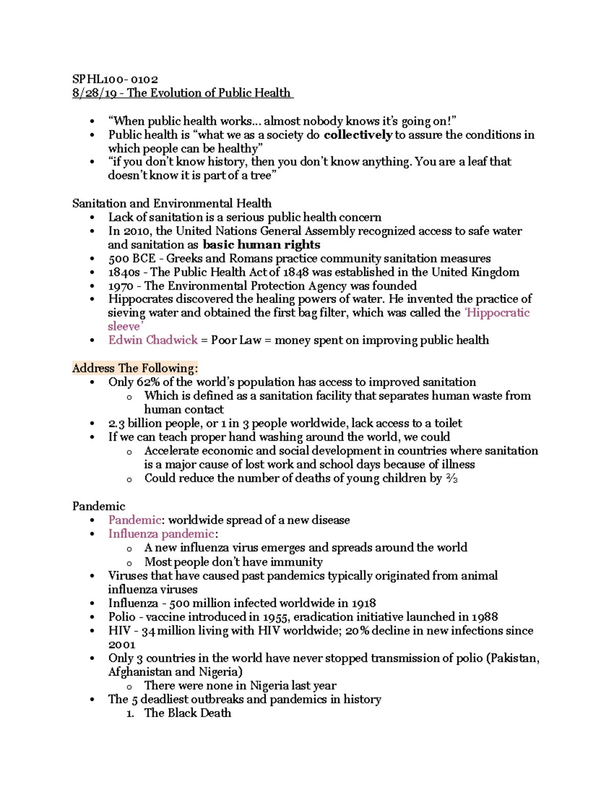 SPHL notes exam 1 - SPHL100- 0102 8/28/19 - The Evolution of Public ...