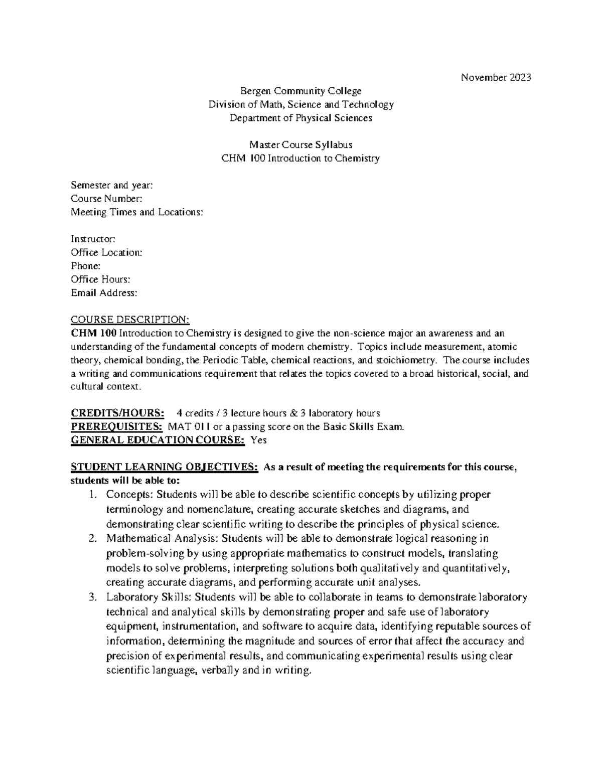 CHM-100 - PRACTICE MATERIAL - November 2023 Bergen Community College ...