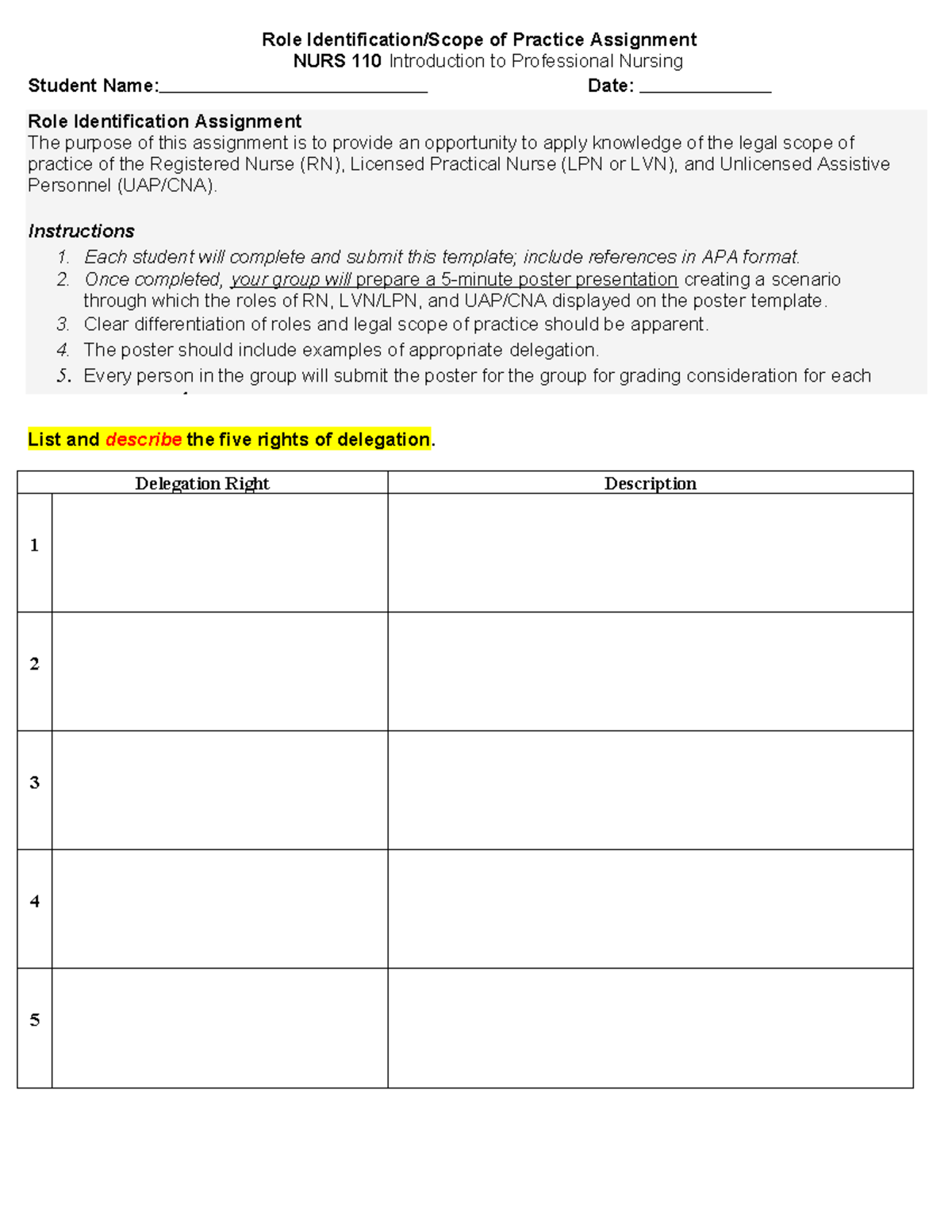 Role Idenitification Individual Scope of Practice Assignment Template ...
