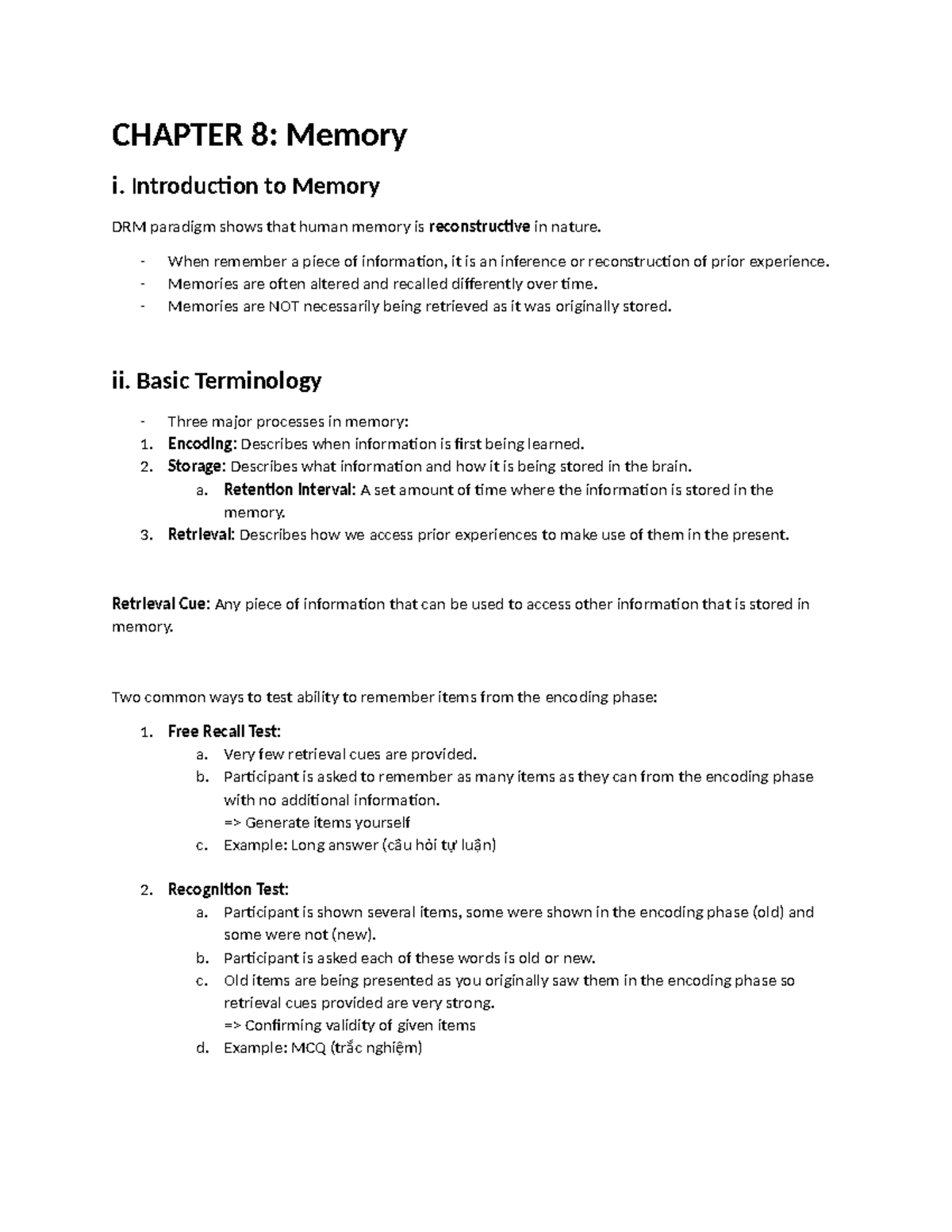 Chapter 8: Memory- Module Notes - CHAPTER 8: Memory I. Introduction To ...