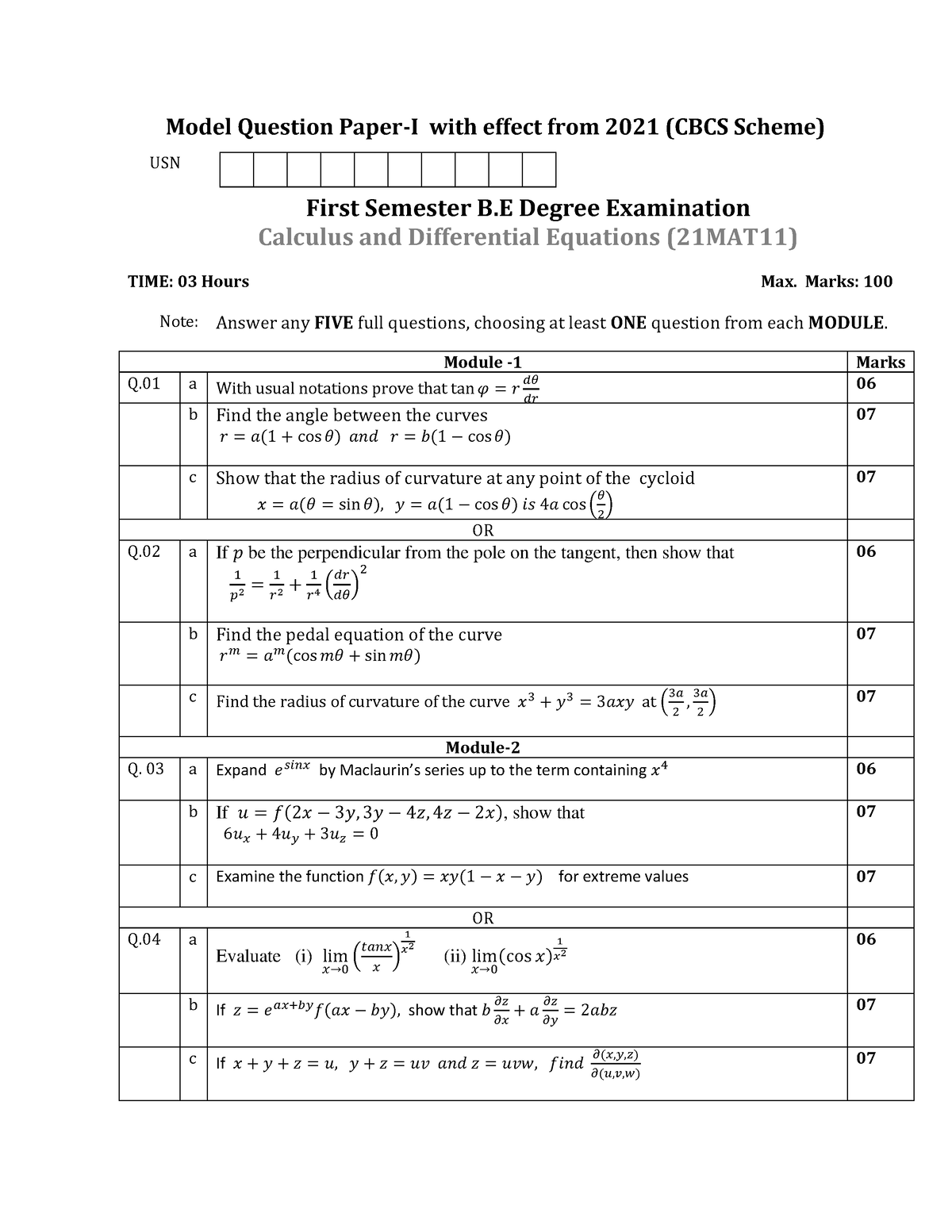 21MAT11set1 - Model Question Paper - Model Question Paper-I With Effect ...