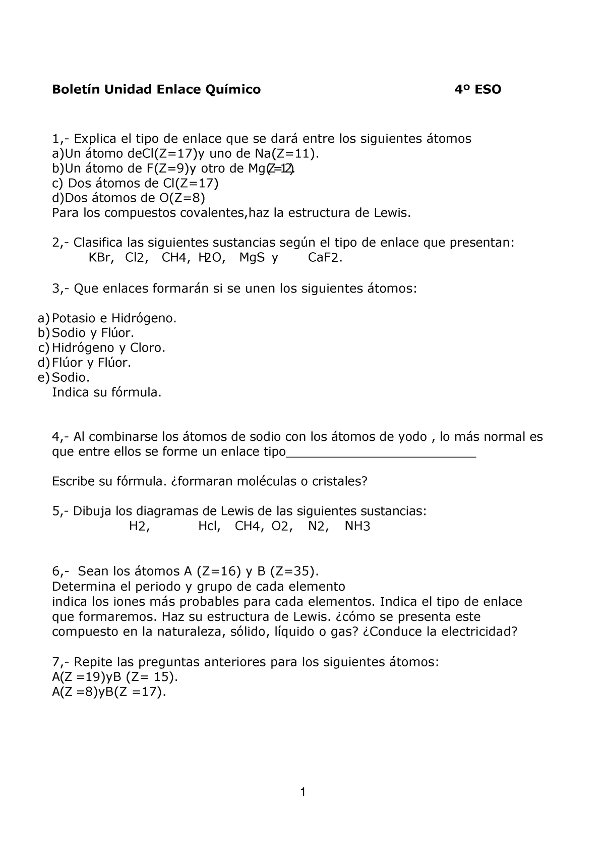 Bolet Ã­n Enlace 4Âº Eso - 1 Boletín Unidad Enlace Químico 4º ESO 1 ...