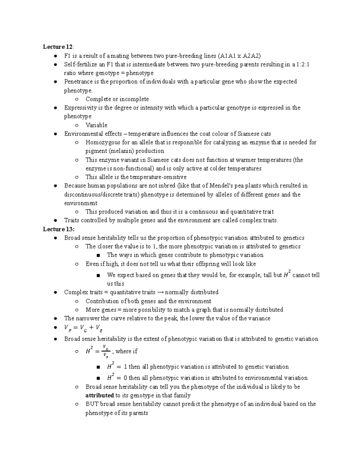 HMB265 Textbook Notes 12/13 - Lecture 12: F1 is a result of a mating ...