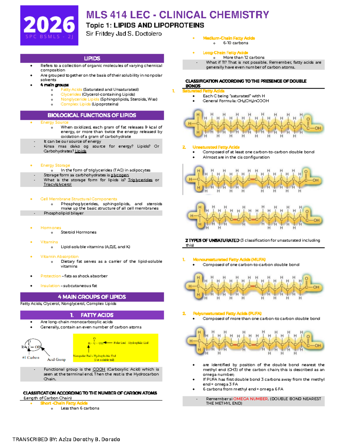 CC LEC Topic 2 - Lipids - MLS 414 LEC - CLINICAL CHEMISTRY Topic 1 ...