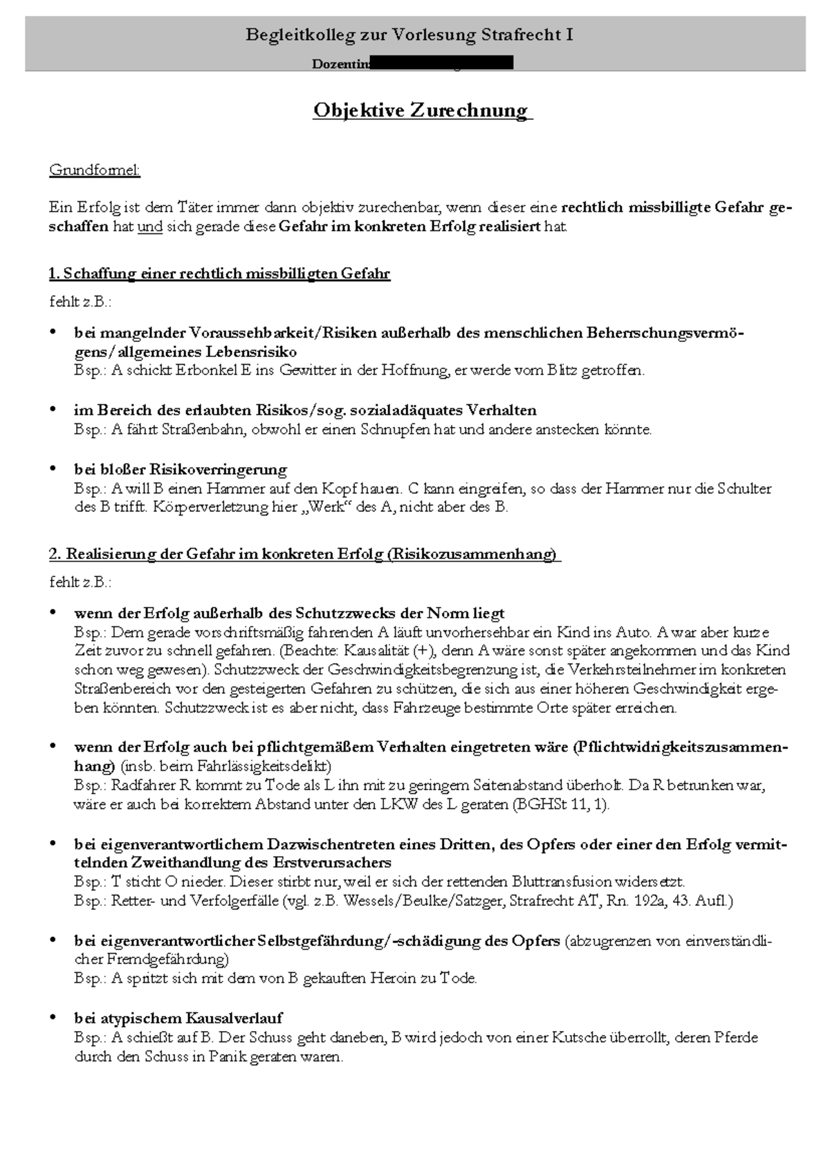 Objektive Zurechnung Definition Jura 25. Objektive Zurechnung - Begleitkolleg z ur Vorlesung S trafrecht I