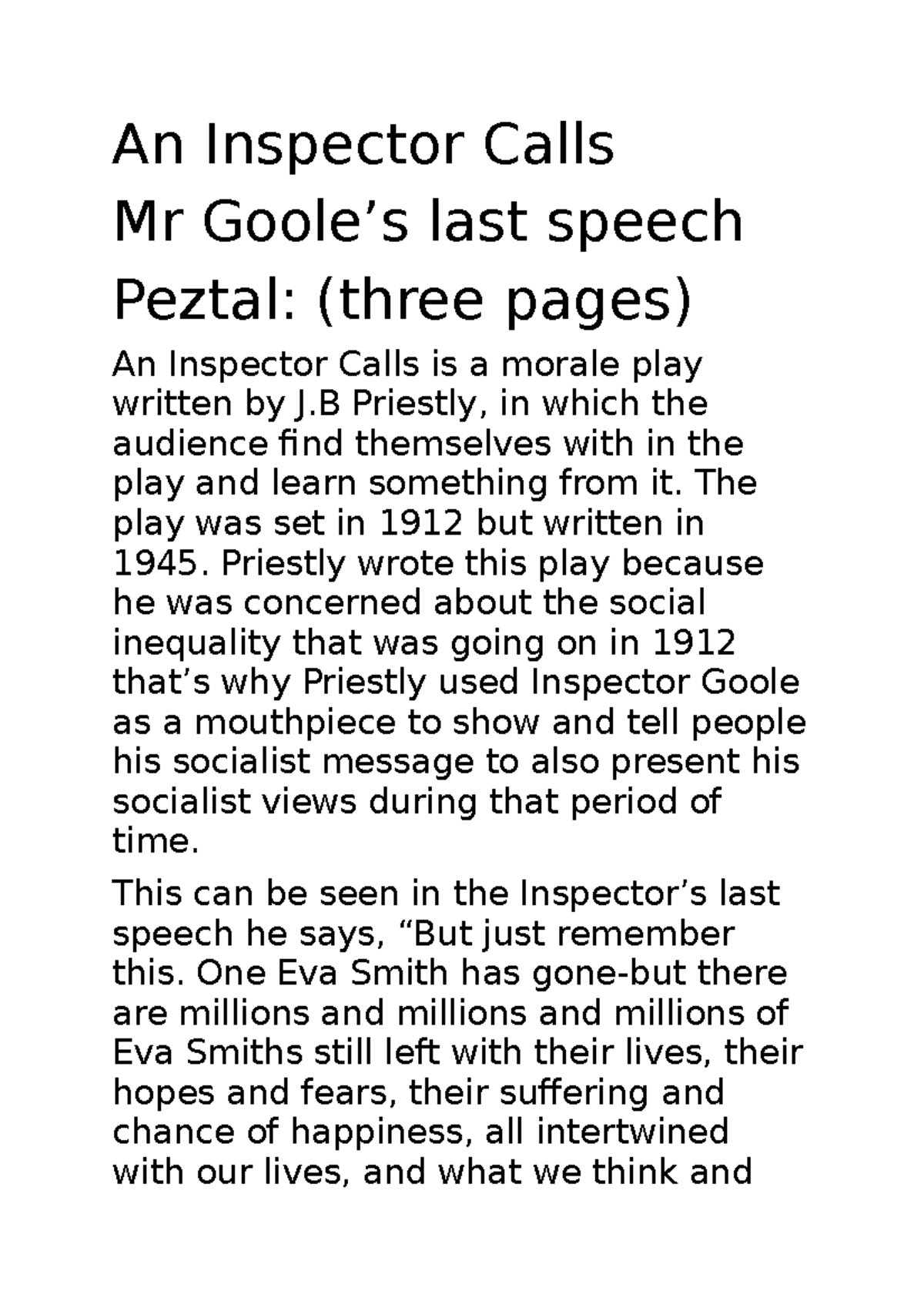 An Inspector Calls Petzal An Inspector Calls Mr Goole’s last speech
