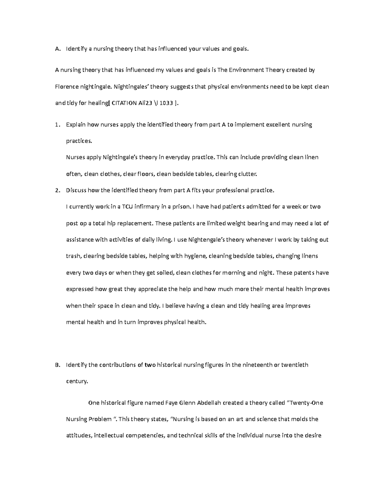 PRV Template 1 - outline - A. Identify a nursing theory that has ...
