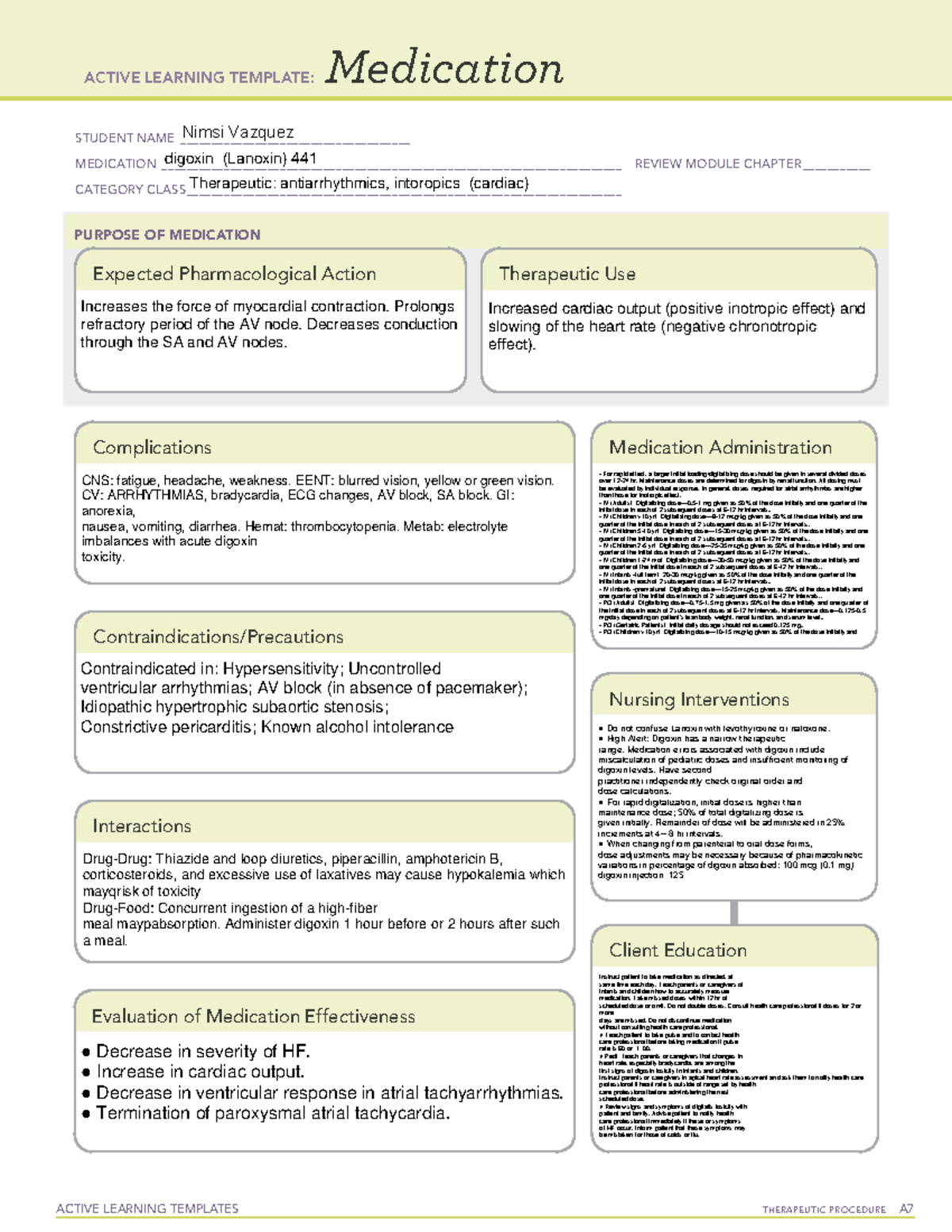 Digoxin - pharm - ACTIVE LEARNING TEMPLATES TherapeuTic procedure A ...