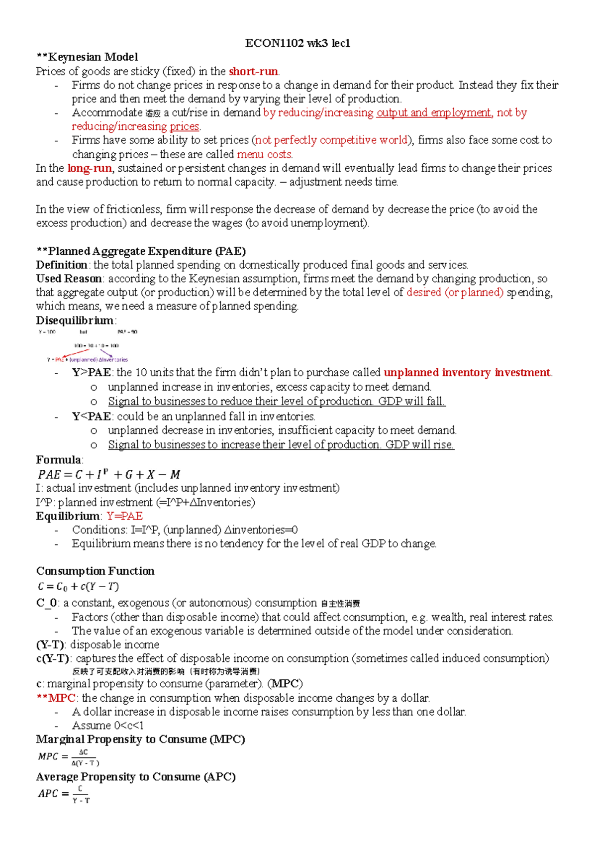 ECON1102 wk3 lec1 - Keynesian model and Consumption Model - ECON1102 ...