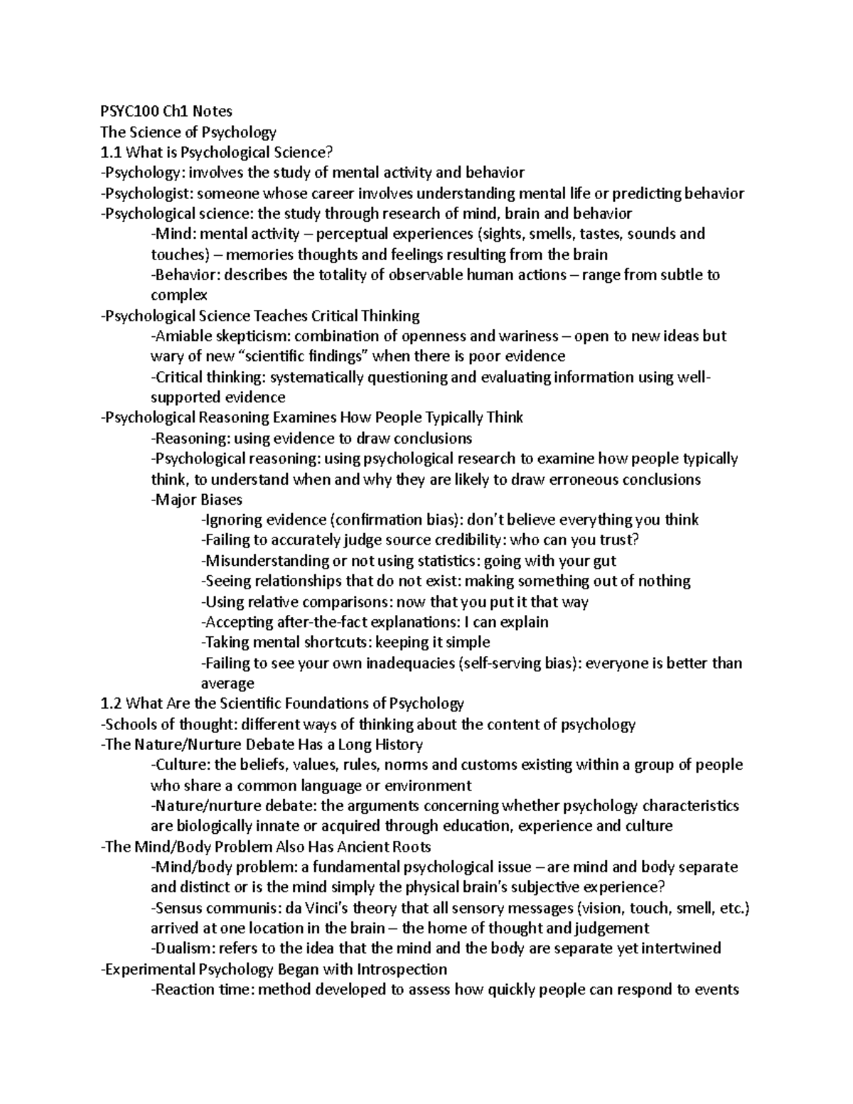 PSYC100 Ch1 Notes - prof ly - PSYC100 Ch1 Notes The Science of ...