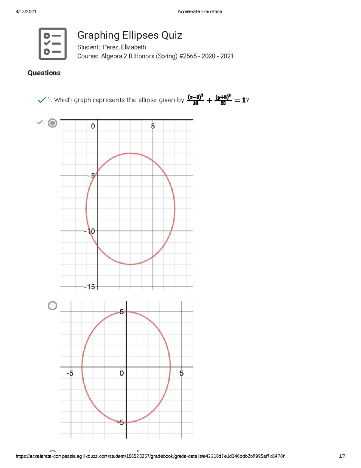 Graphing Ellipses Quiz - Graphing Ellipses Quiz Student: Perez ...