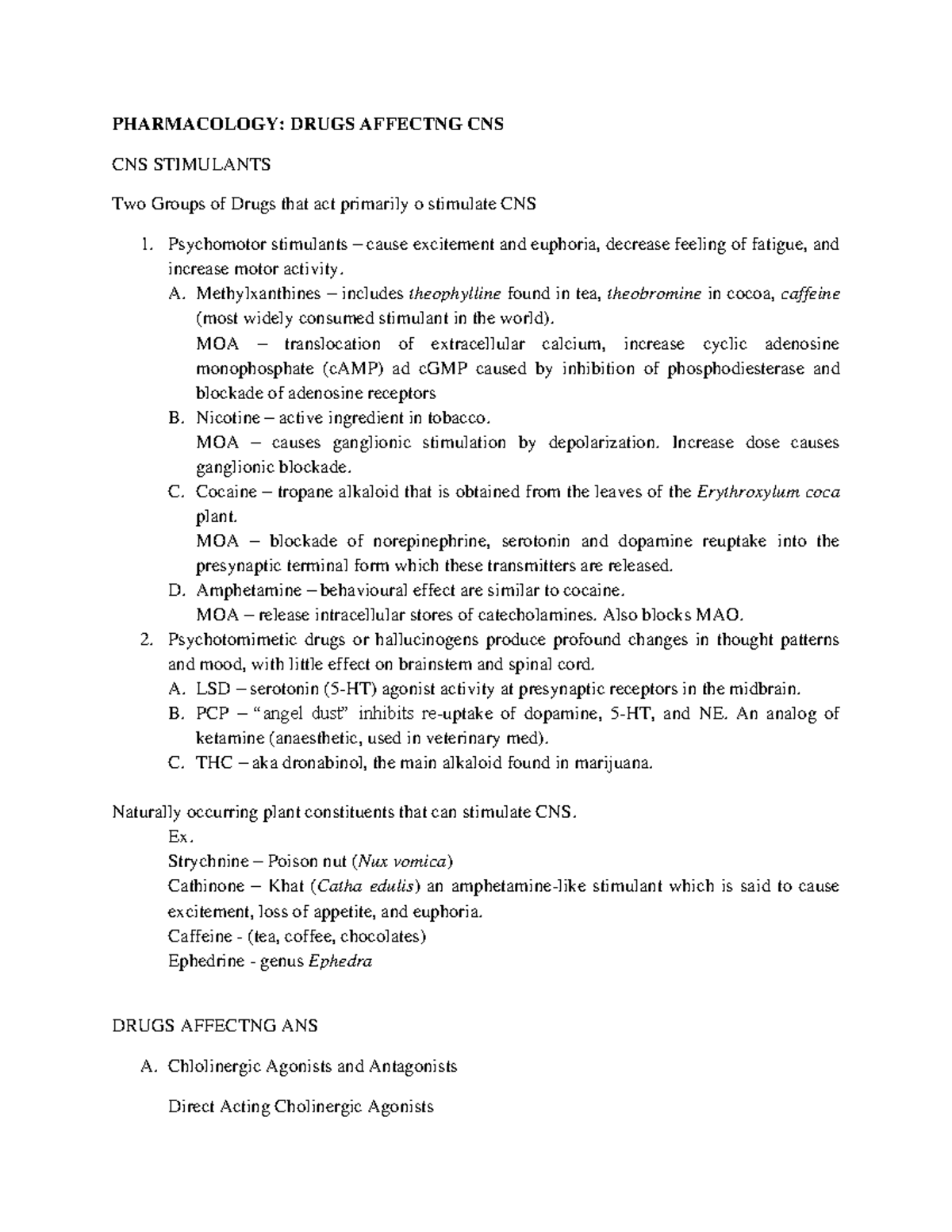 Drugs Affecting Cns And Ans - Pharmacology: Drugs Affectng Cns Cns 