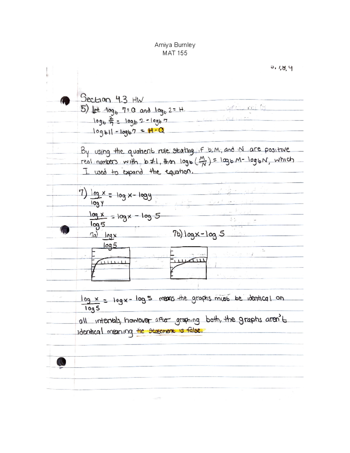 Section 4 Homework Assignments MAT 155 Amiya Burnley MAT 155