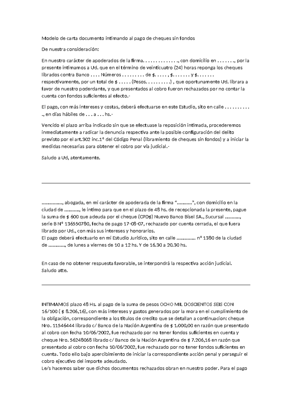Modelo de carta documento intimando al pago de cheques sin fondos