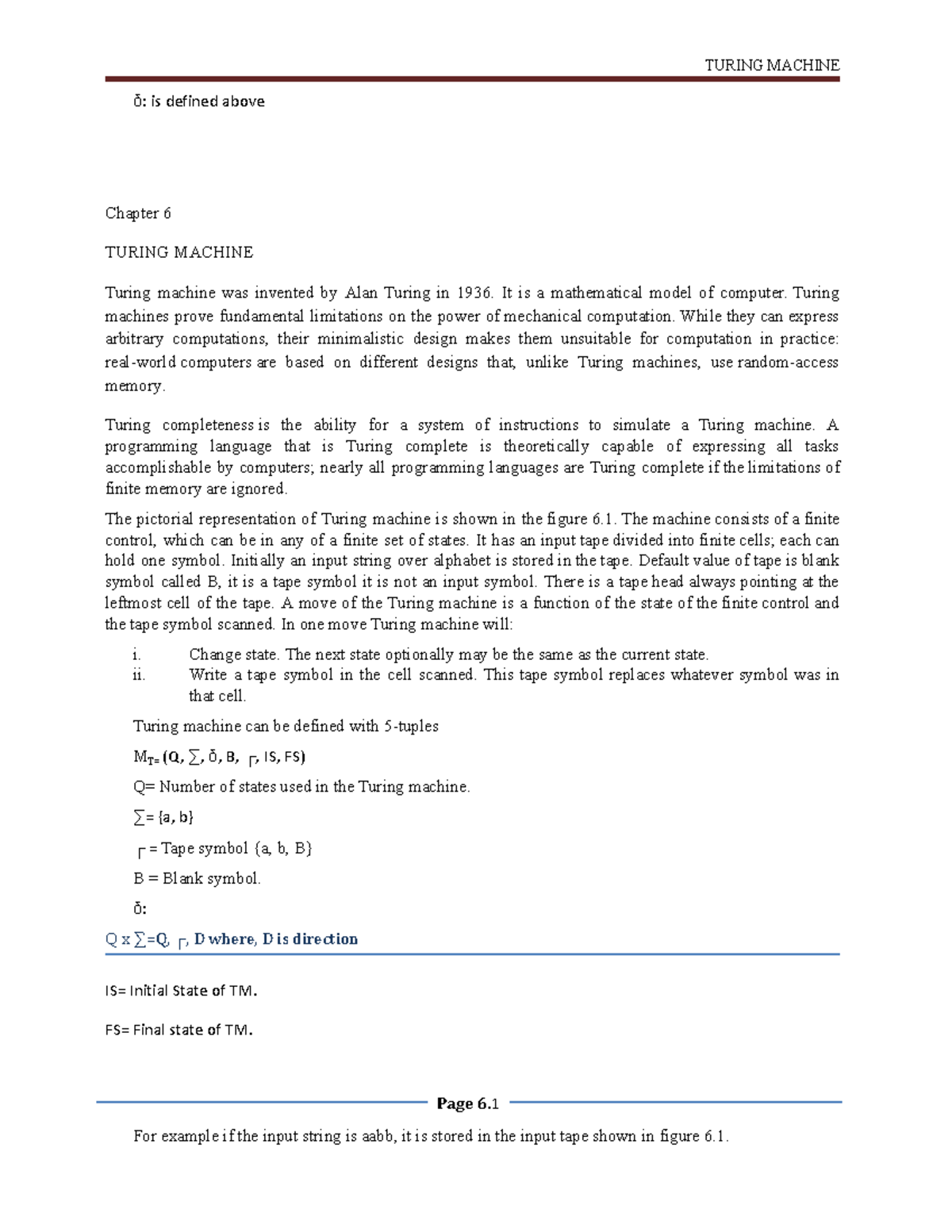 Module 4 TM - notes - δ: is defined above Chapter 6 TURING MACHINE ...