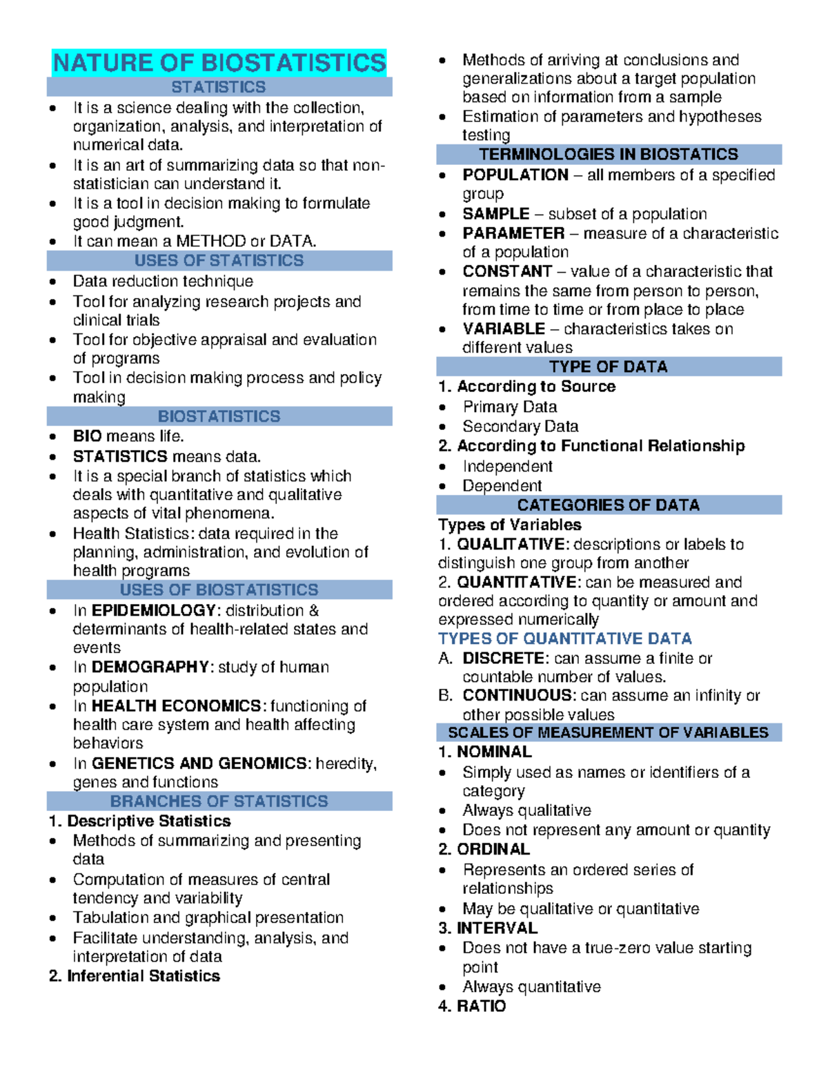 Biostat Reviewer - NATURE OF BIOSTATISTICS STATISTICS It is a science ...